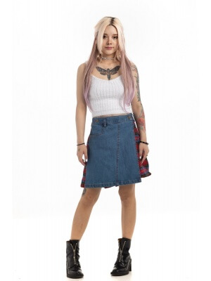 Denim Kilt With Tartan Pleats
