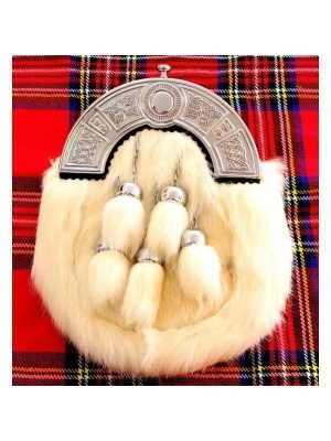 Escarcelle Blanc De Cérémonie De Fourrure De Lapin Avec Cinq Glands