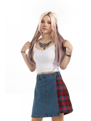 Denim Kilt With Tartan Pleats