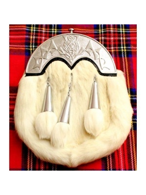 Escarcelle Blanc De Fourrure De Lapin Avec Trois Glands