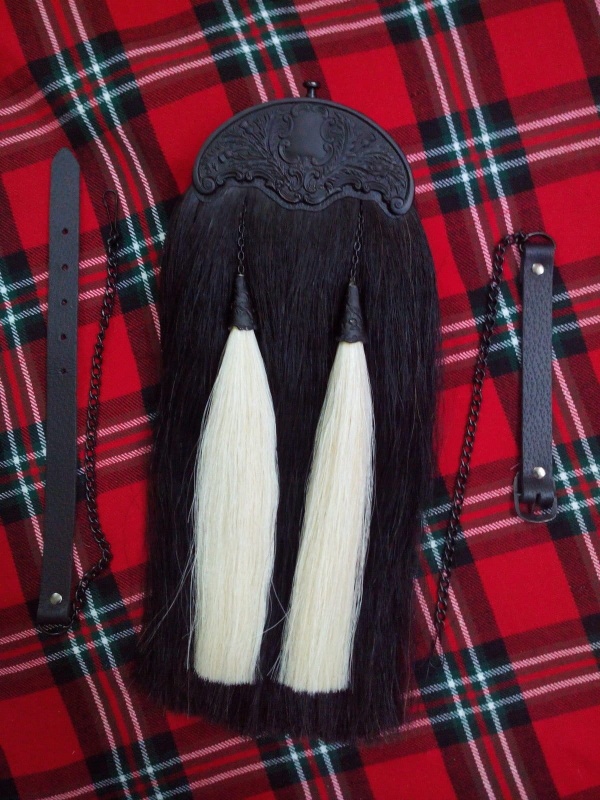 Black Horse Hair Kilt Sporran with white tassels