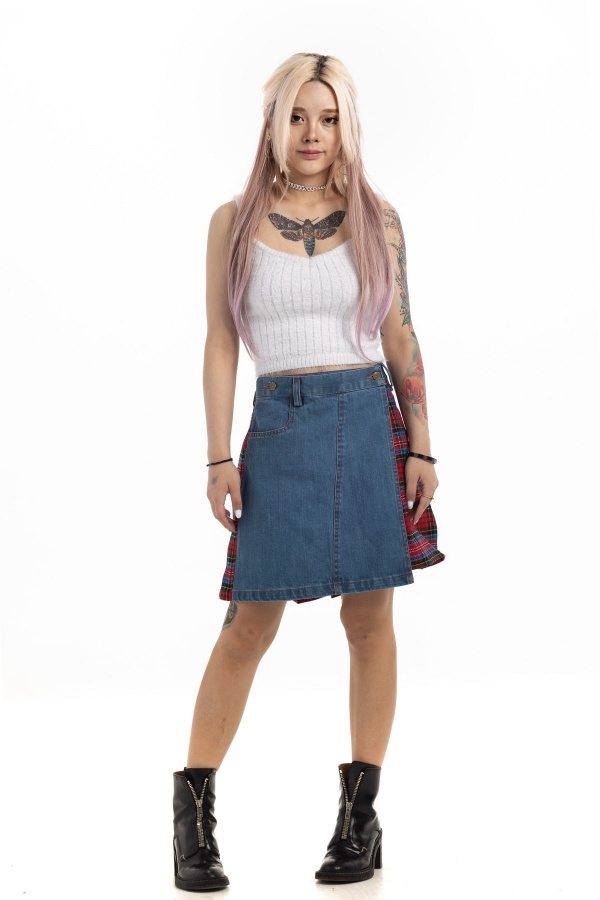 Denim Kilt With Tartan Pleats