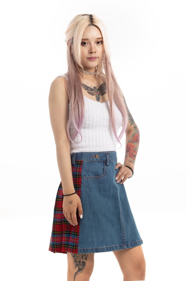 Denim Kilt With Tartan Pleats