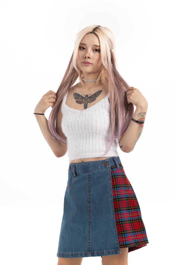 Denim Kilt With Tartan Pleats