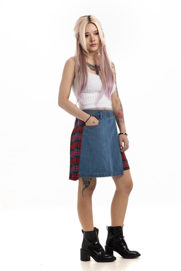 Denim Kilt With Tartan Pleats