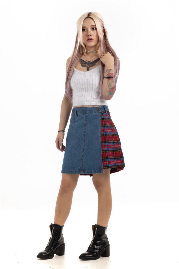 Denim Kilt With Tartan Pleats